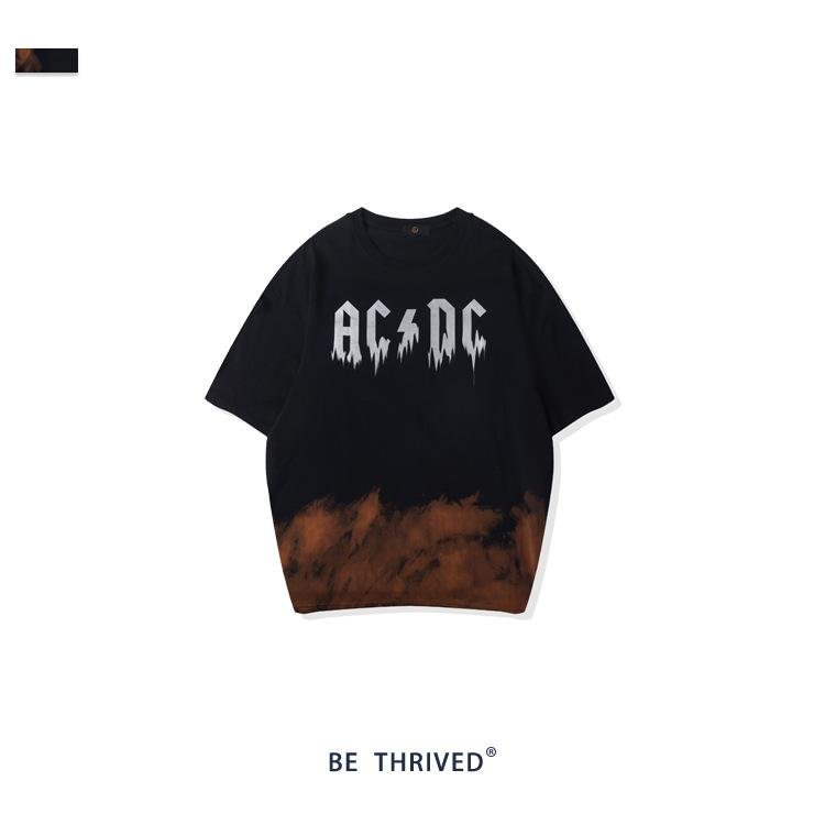 Men's Black Skull rock tie dye flame bleach T-shirt