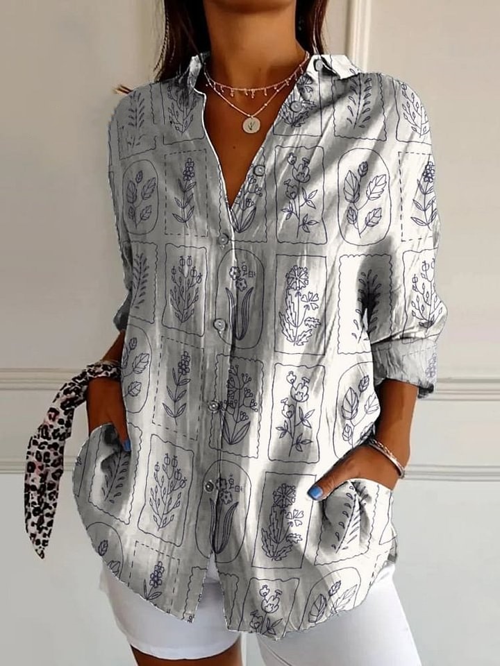 Simple Line Drawing Flower Decorative Pattern Casual Cotton Shirt