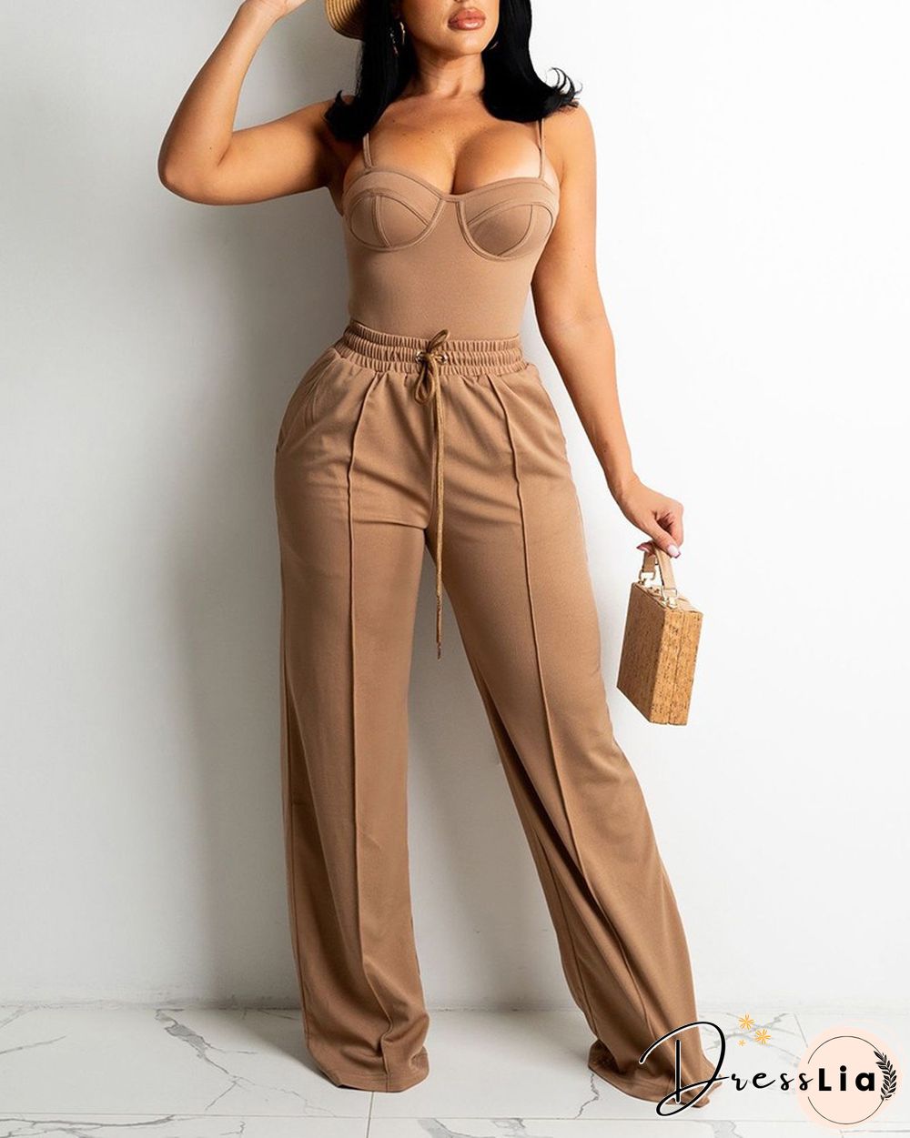 Zipper Back Cami Top & Wide Legs Contrast Pipping Pants Set
