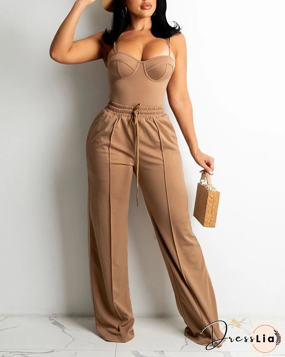 Zipper Back Cami Top & Wide Legs Contrast Pipping Pants Set