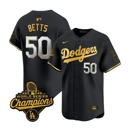 Men's Los Angeles Dodgers #50 Mookie Betts  Black Golden 2025 World Series Champions Home Limited Jersey