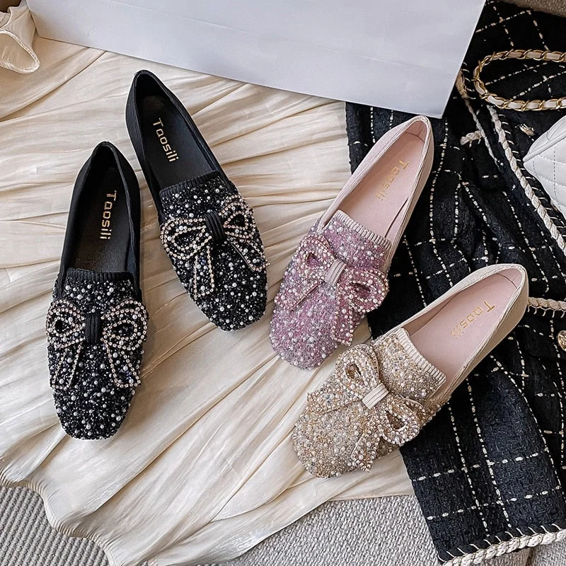 41-43 big size crystal bow flat shoes woman pearl beading breathable ballet flats beauty bow buckle moccasins shoes for women