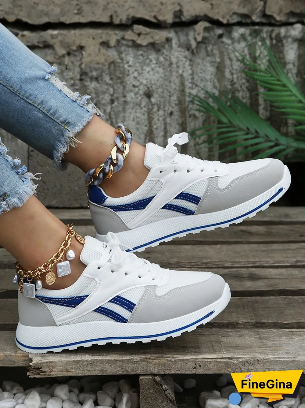 Color Block Sports All Season Split Joint Flat Heel Round Toe Fabric Fabric Lace-Up Sneakers for Women