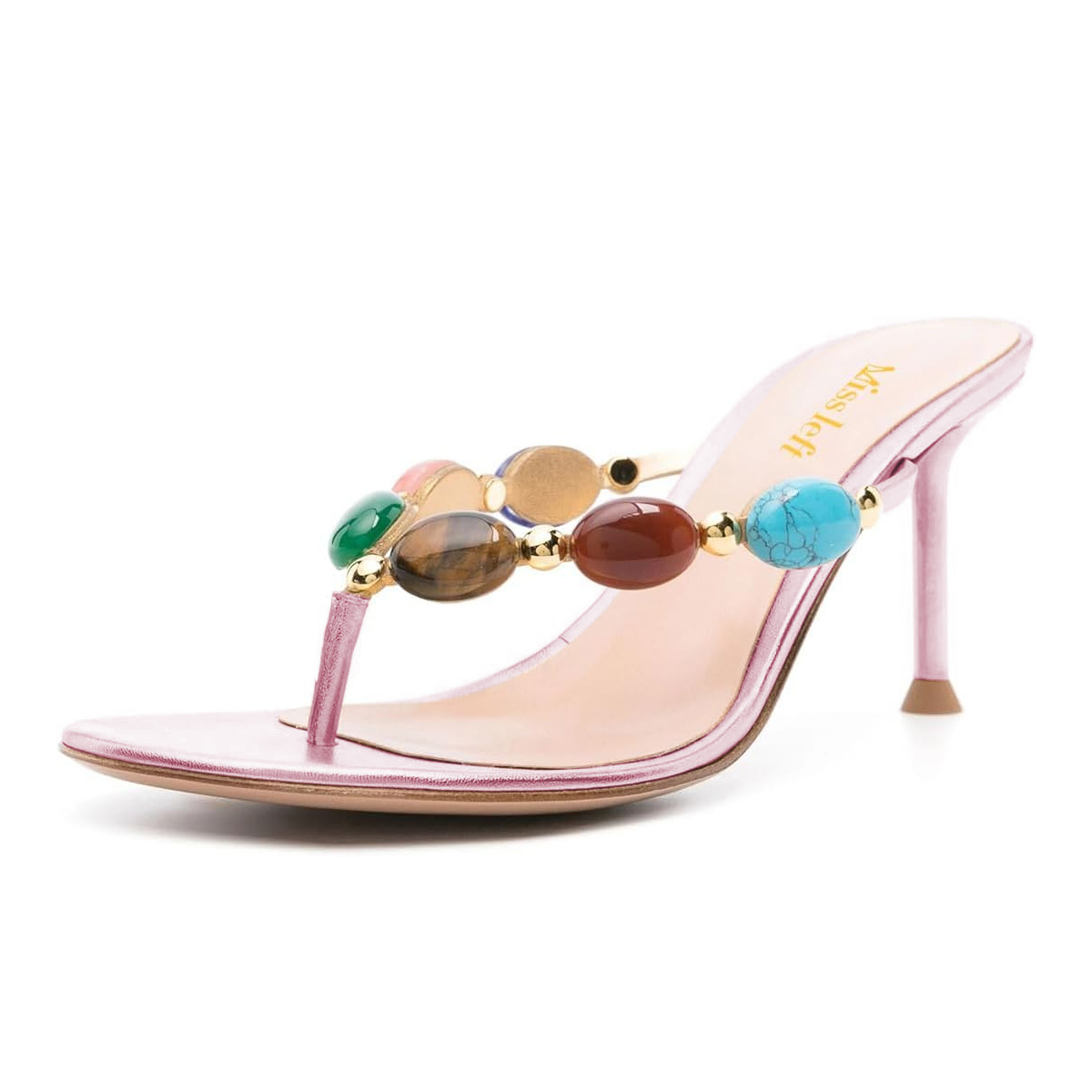 Cute Metallic Faux Leather Round Toe Stiletto Heel Pink Sandals Nicepairs