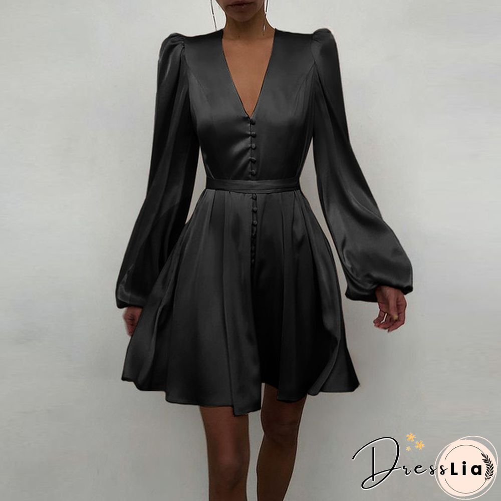 Women Solid Color Stain V Neck Puff Long Sleeve Cocktail Dress Casual Fashion Party Belted Midi Dress Plus Size Kleid