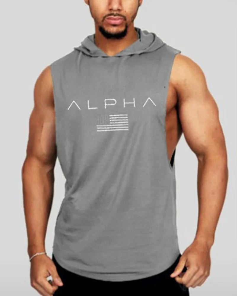 Hooded Fitness Print Casual Training Vest Round Neck