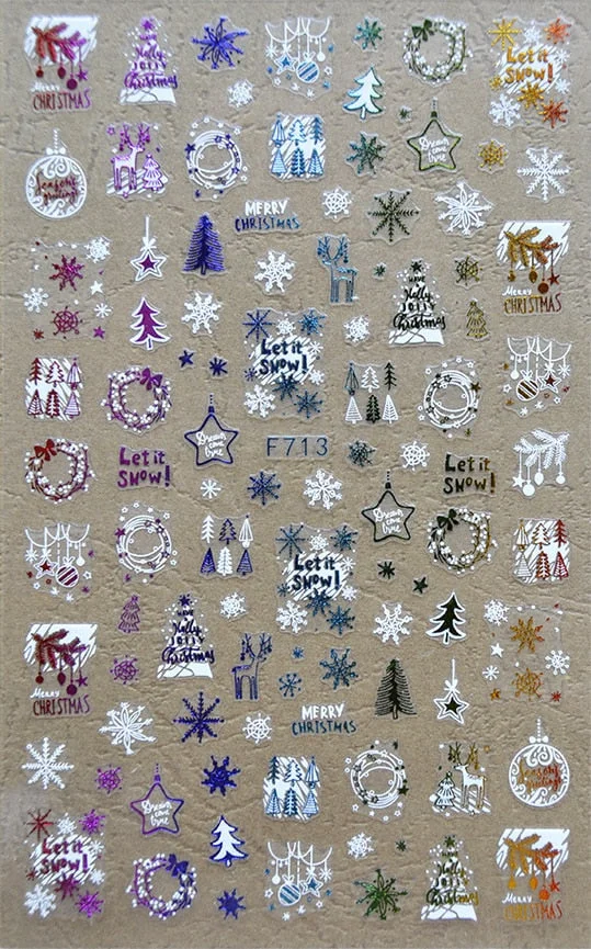 Christmas SnowflakeGold 3D Nail Stickers Sparkly iridescent Silver Xmas Tree Elk Deer Transfer Sliders Winter Nails Accessories-Nail Inspo