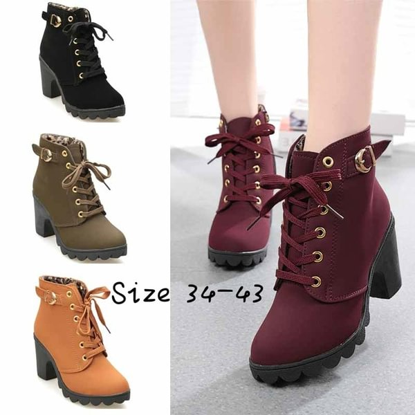 Lace-up Ladies Shoes PU Leather High Heels Boots Autumn Women Ankle Boots Solid Fur Martin Boots - Life is Beautiful for You - SheChoic