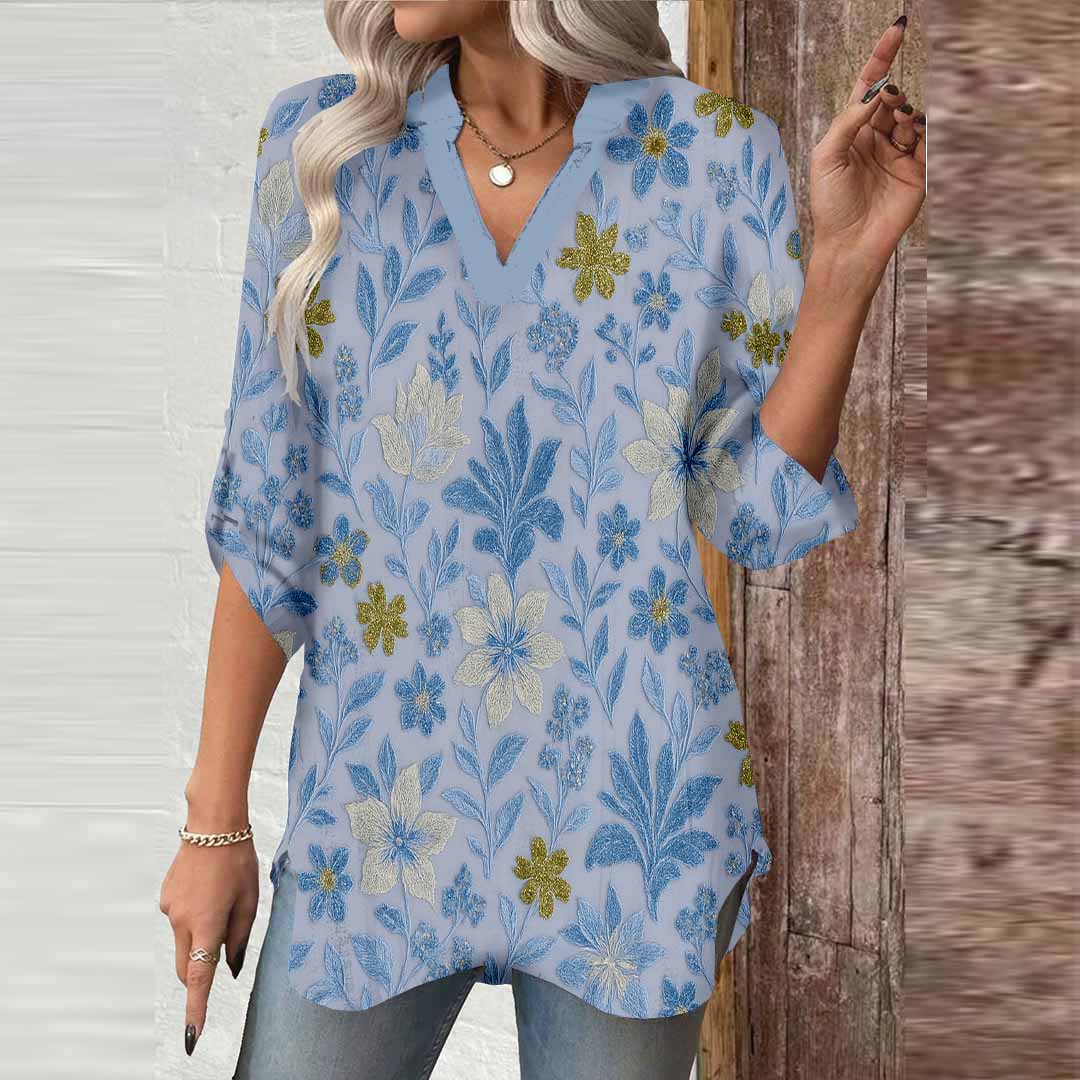 Women Floral, Blue DZGA0207 3/4 Sleeve V-neck Printed Graphic Button Tops