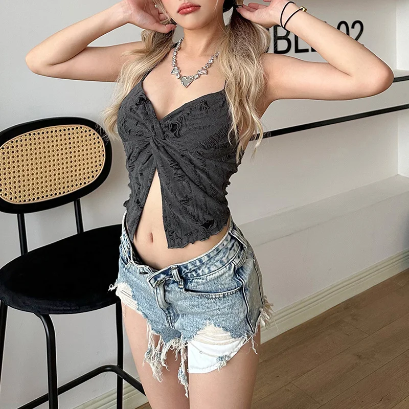 Uveng 2023 Summer New Women's Clothing Pure Color Sexy Fashion Hanging Neck Strap Bare Back Small Vest Woman