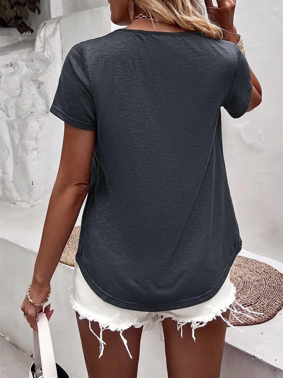 Women Half Sleeve V-neck Solid Color Dress