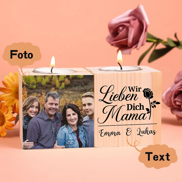 Kettenmachen Holz Kompliment Personalisierter 2 bedruckte Seiten Foto & Text Kerzenhalter-Wir lieben dich Mama-für Mutter