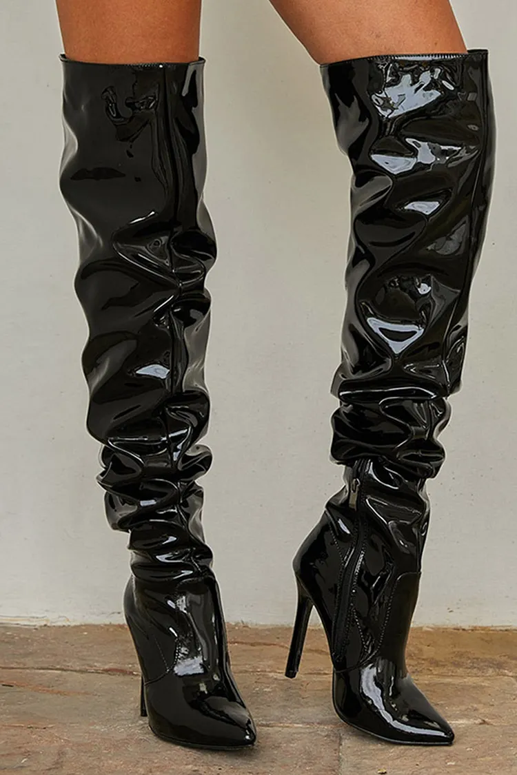 Pointed-toe Patent Leather High-heeled Boots