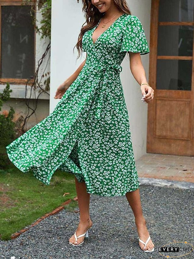 Casual Dress Wrap Line Floral Ditsy Lace Split Neck Midi Fashion Streetwear Outdoor Daily