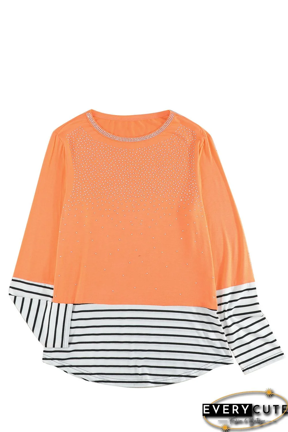 Orange Rhinestone Beading Striped Patchwork Long Sleeve Top