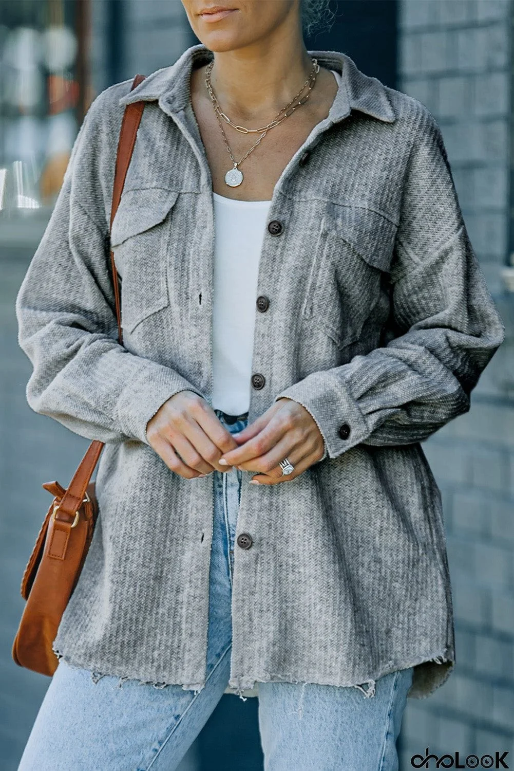 Textured Button Down Shirt Jacket with Pockets