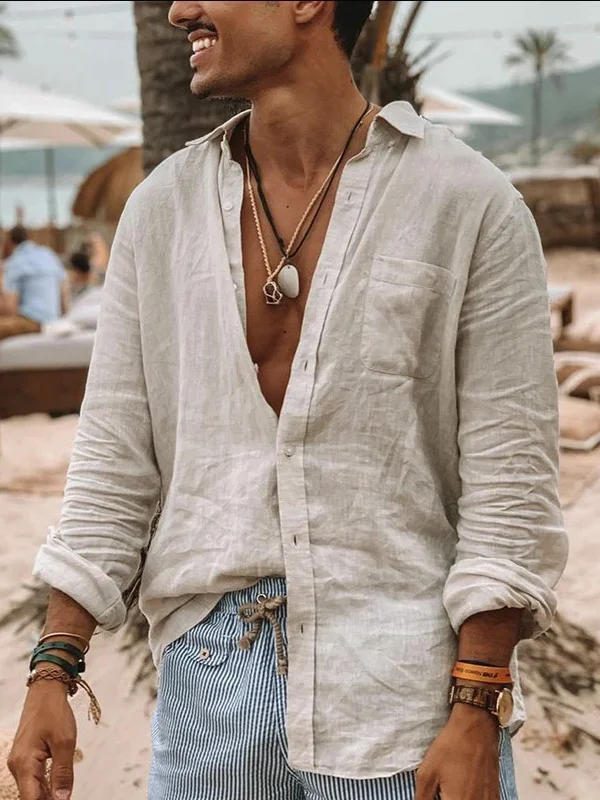 Men's Solid Color Turndown Collar Casual Long Sleeve Shirt