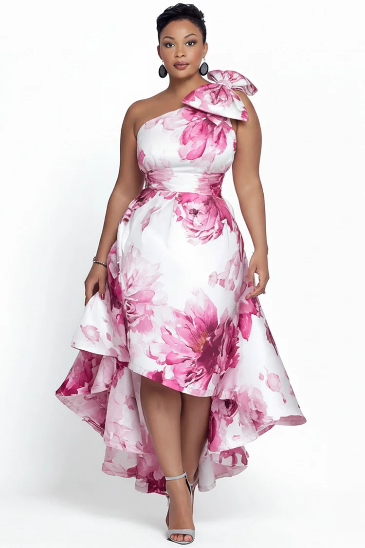 Xpluswear Design Plus Size Cocktail Party Elegant Pink Floral One Shoulder Bow Tie Asymmetric Hem Irregular Hem Satin Midi Dresses [Pre-Order] 2024 - Xpluswear