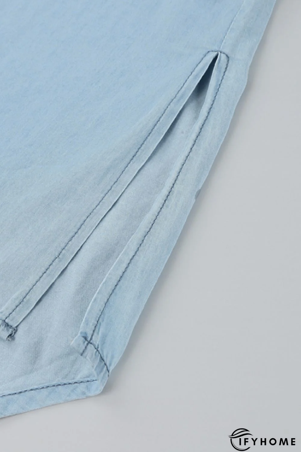 Sky Blue Chambray Shirt Short Sleeves Midi Dress | IFYHOME