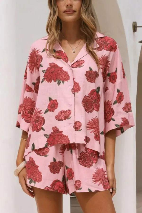 Linen Blend Floral Print Collared Half-sleeved Loose-fitting Shirt and Elastic Waist Casual Pocket Shorts Set