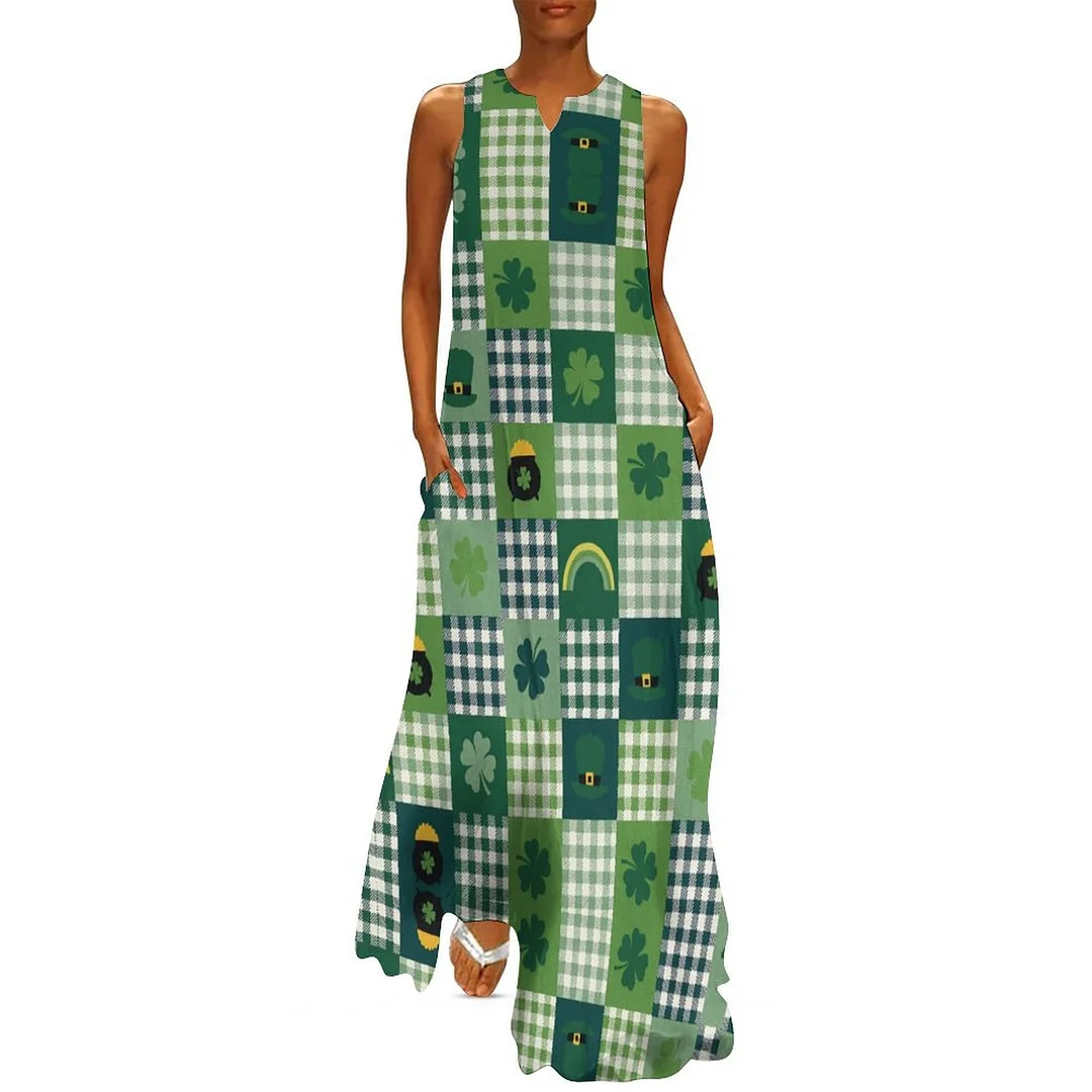 Style & Comfort for Mature Women Plus Size Printed Sleeveless Casual Women Maxi Dress with Pockets in Pattern St. Patrick's Day, Green, Clover, Lucky