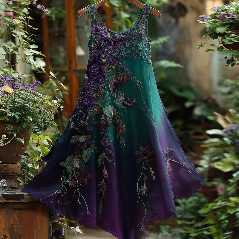 Women's Vintage Floral Embroidery Gradient Pattern Round Neck Dress elevenforest