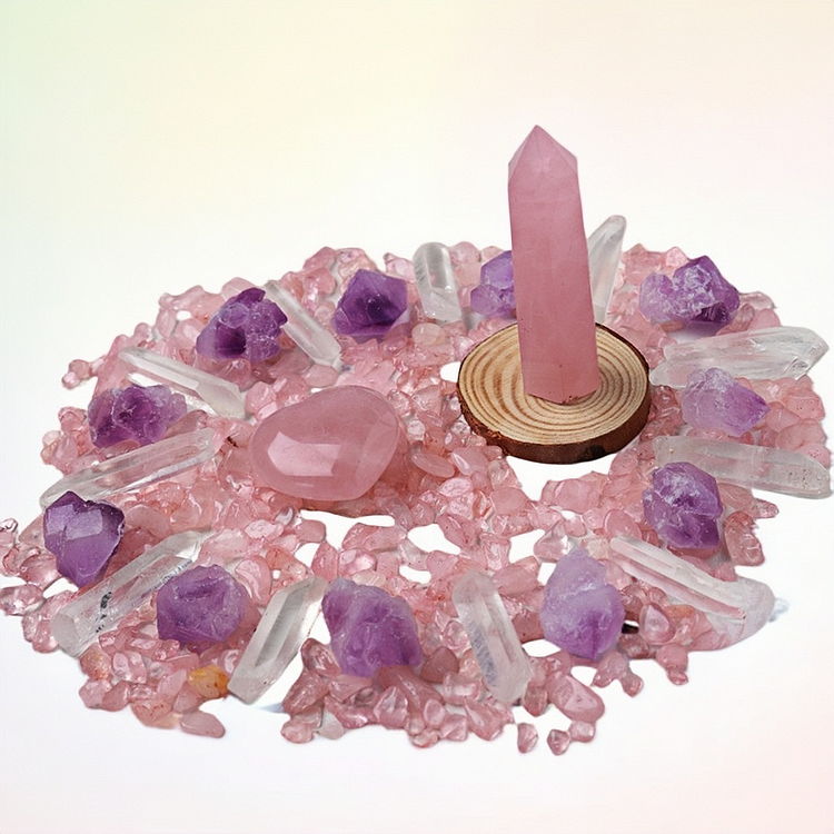 Natural Crystal Stone Hexagonal Pillar Decoration Amethyst Flower Crystal Gravel Love Heart Mine Standard Gift Box Wholesale