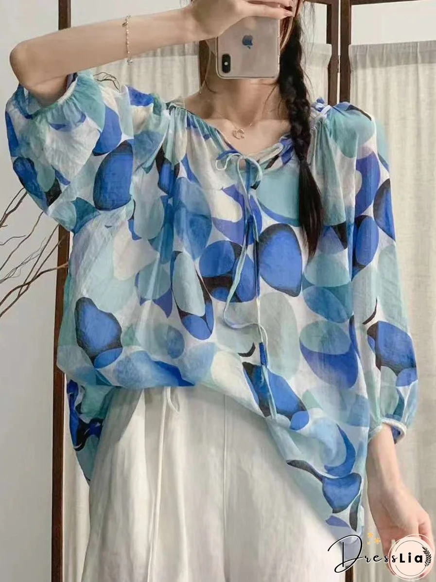 Women Summer Artsy Floral Drawstring Lacework Loose Shirt