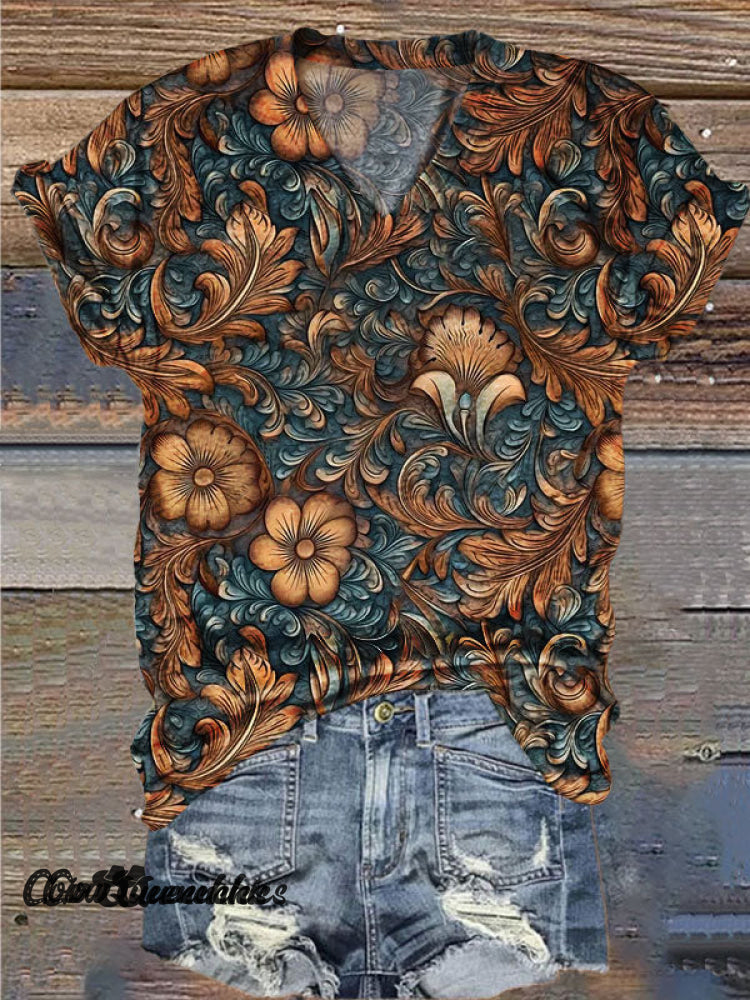 Women’s Vintage Print V-Neck Casual T-Shirt Multicolor / S