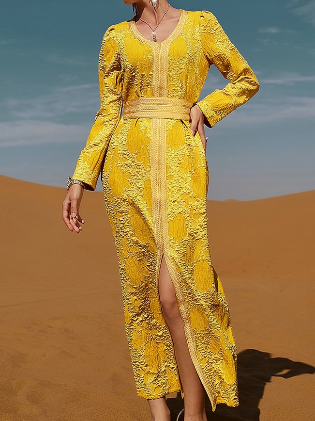 Palace style pure yellow long pattern dress