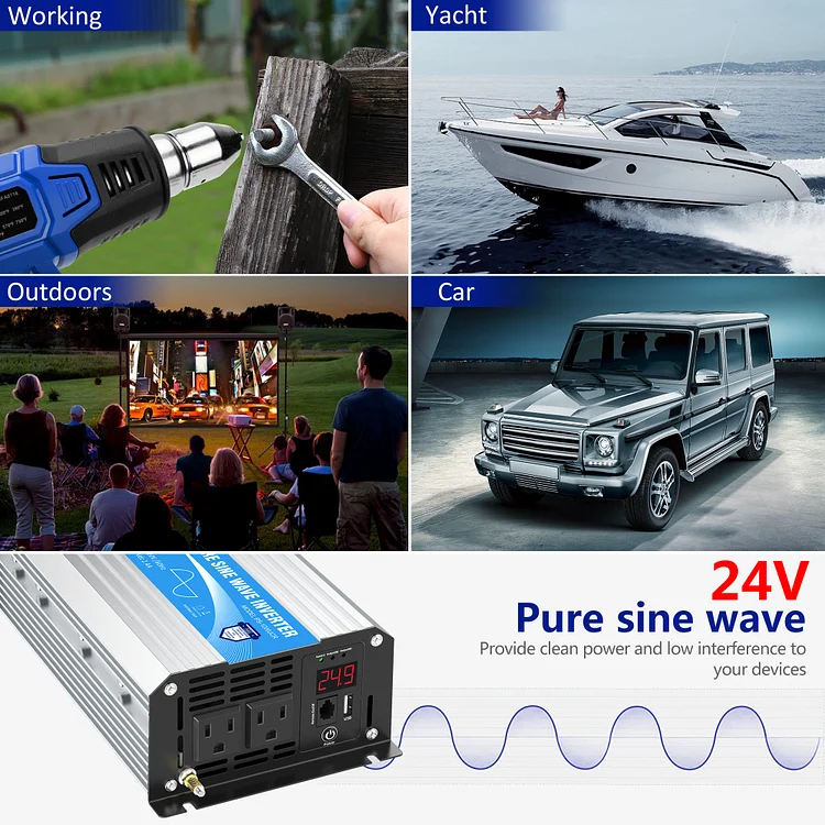 GIANDEL 24 Volt 2000W Pure Sine Wave Power Inverter DC 24V to AC120V with  Dual AC Outlets with Remote Control 2.4A USB and LED Display