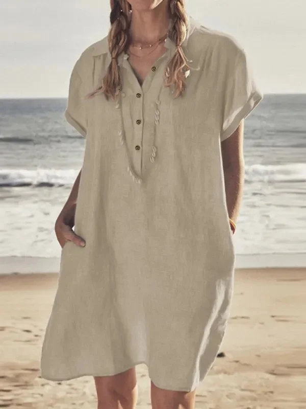 Casual Solid Lapel Pocket Linen Beach Short Dress