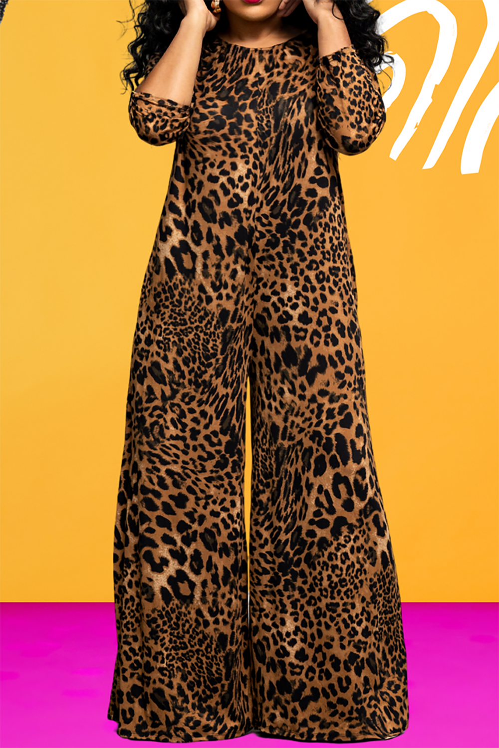 Plus Size Daily Brown Leopard Round Neck 3/4 Sleeve Wide Leg Knitted Jumpsuits [Pre-Order]