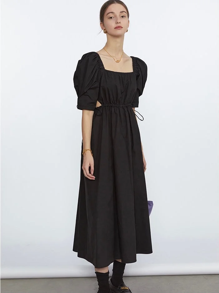 Casual Solid Color Square Collar Puff Sleeve Drawstring Dress