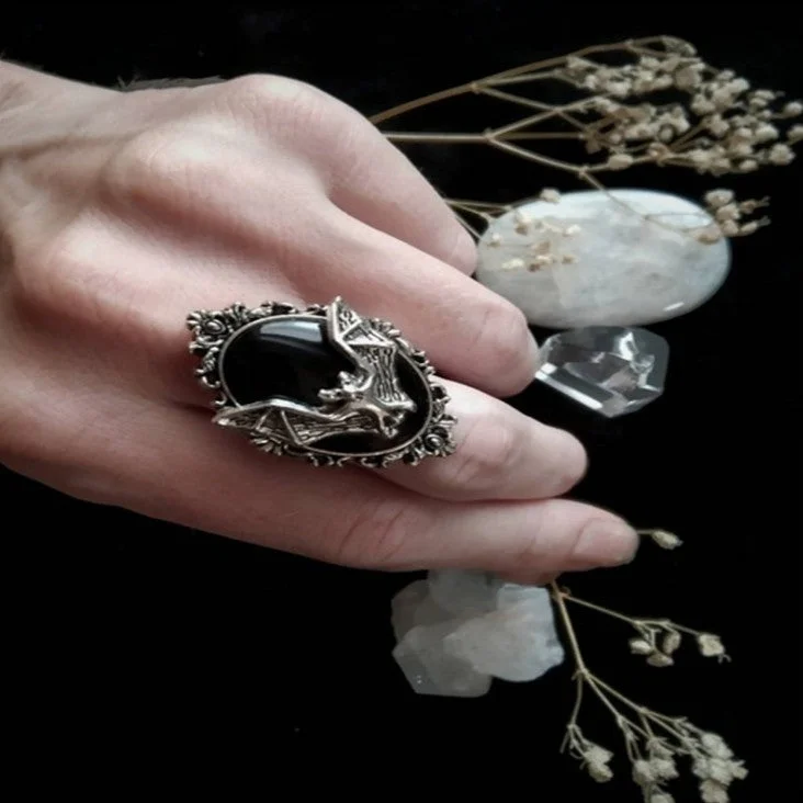 Halloween Bat Black Gemstone Necklace Earrings Ring Jewelry