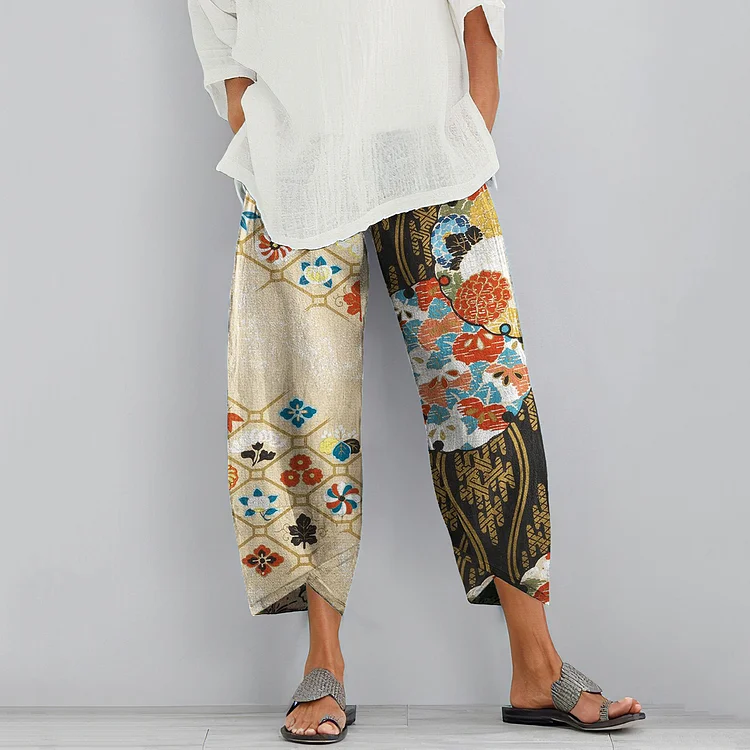 Comstylish Vintage Japanese Floral Art Patch Printed Casual Pants