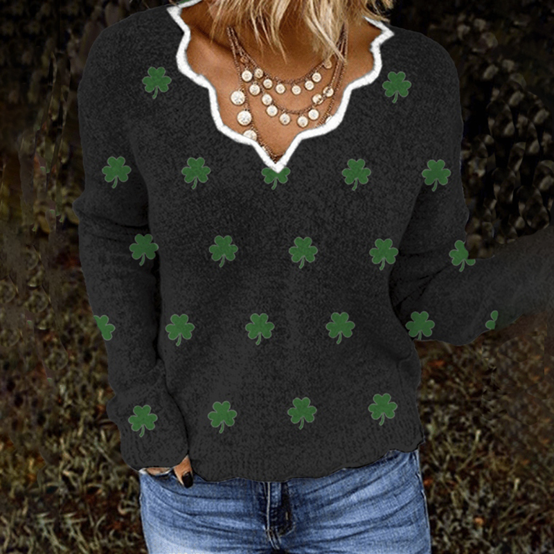 Comstylish Women's St. Patrick's Shamrock Print Shell Collar Cozy Knit Sweater