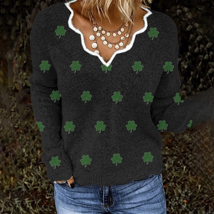 VChics Women's St. Patrick's Shamrock Print Shell Collar Cozy Knit Sweater