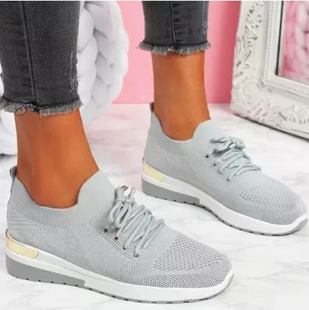 New Women Sneakers Ladies Solid Color Vulcanized Shoes Lace-Up Round Toe Wedge Ladies Shoes Outdoor Casual Comfy Female Footwear