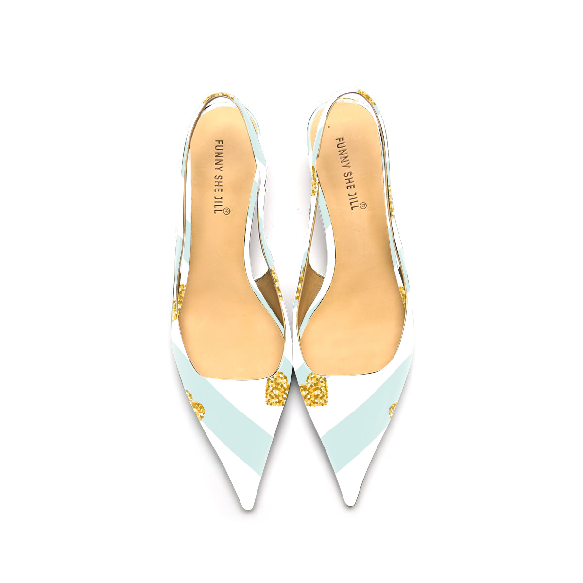 Golden Heart Pattern Patent Leather Pointed Toe Elegant Kitten Heel Slingback Dress Pump Shoes