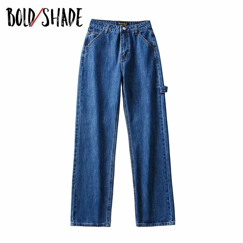 Bold Shade Streetwear Fashion Grunge Jeans High Waist Straight Boy Friend Pants Solid Teen Style Women Loose  Jeans Fall Winter
