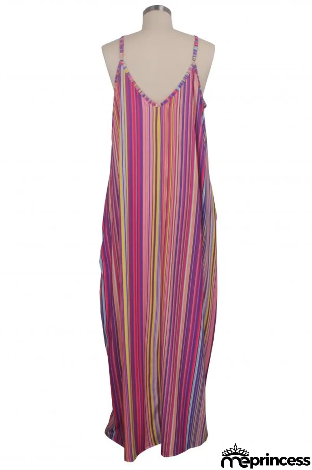 Green Polyester Sexy Fashion Tank Sleeveless Slip A-Line Floor-Length Print asymmetrical Striped Patchwork