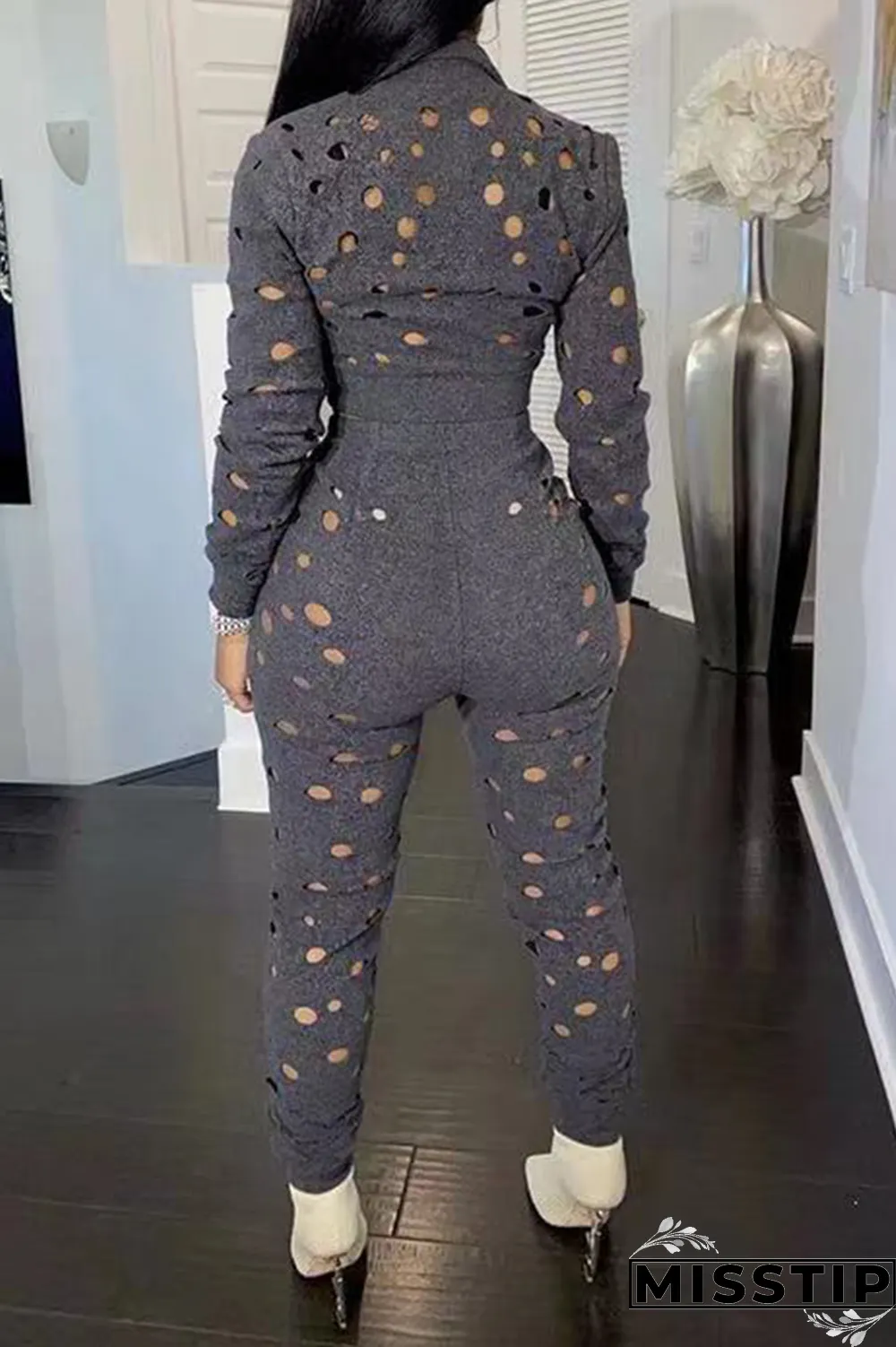Grey Sexy Solid Ripped Turndown Collar Long Sleeve Two Pieces
