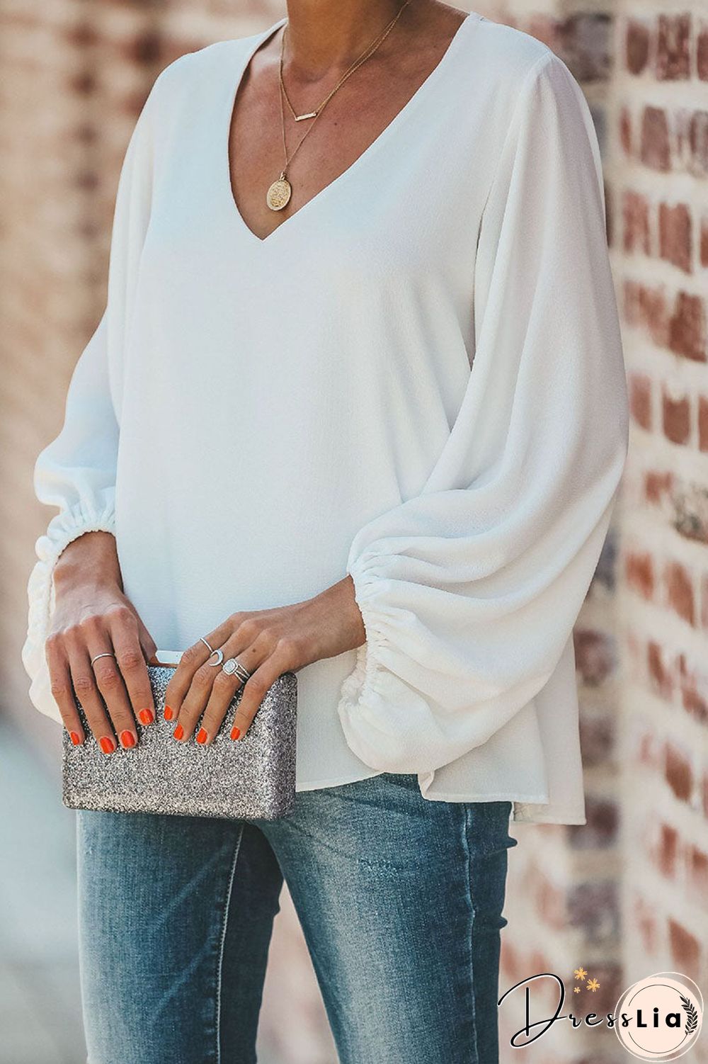 Fashion Street Solid Split Joint V Neck Tops