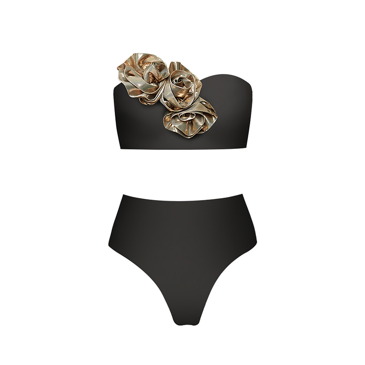 Golden 3D Flower Black or White Bikini Swimsuit  and Skirt(Shipped on Jan 11th)