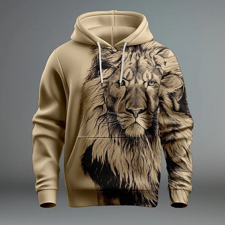Men's Casual Lion Pattern Drawstring Pocket Pullover Hoodie
