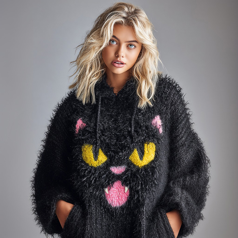 Women's National Black Cat Day Cute Cat Art Knitted Fuzzy Hooded Sweater