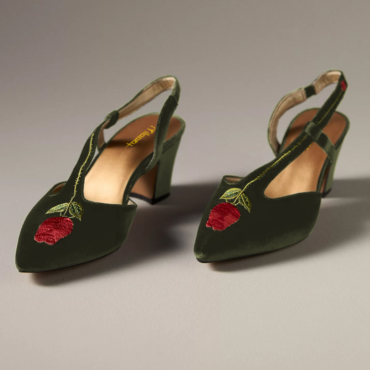 Green Velvet Pointed Toe Block Heel Rose Embroidered Slingback Pumps Nicepairs