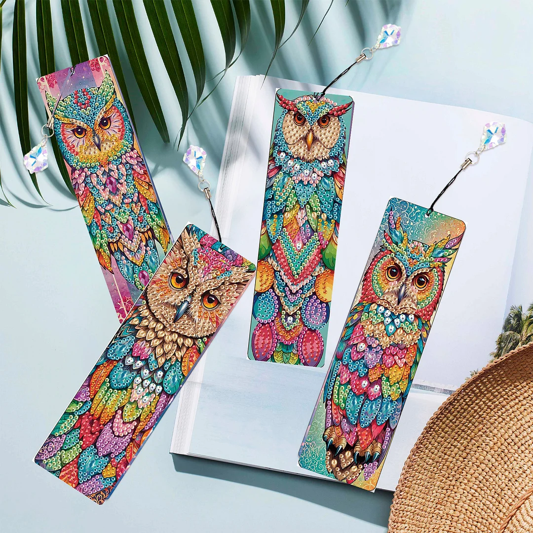 4Pcs Colorful Owl DIY Diamond Bookmark Art Projects Irregular Shaped Diamonds Diamond Painting Art Bookmarks with Crystal Pendants for DIY Making Beginners Adult Art Craft Supplies