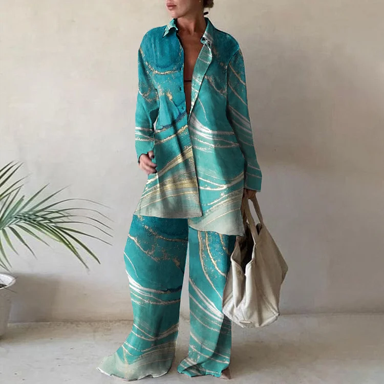 Fashion Abstract Print Shirt Two Piece Set